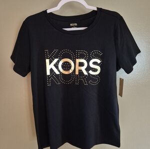 MICHAEL Michael Kors Women’s Gold Foil Logo BLACK T-Shirt,  Size M
